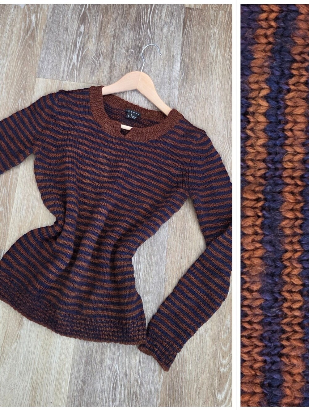 Theory Aegea B Athos Women's Sweater Wool Blend Striped Rust & Navy Blue Chic